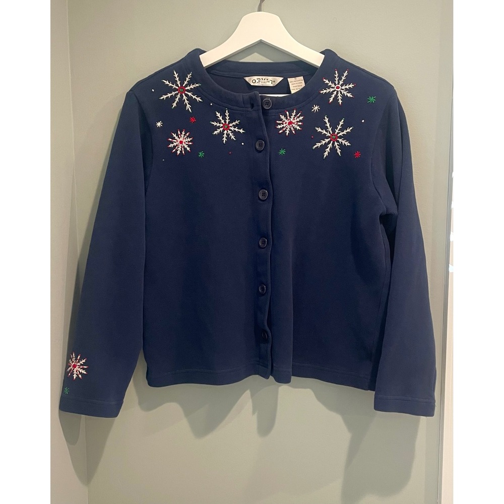 Orvis Vintage Womens Navy Blue Embroidered Snowflake Button Up Cardigan Sweater